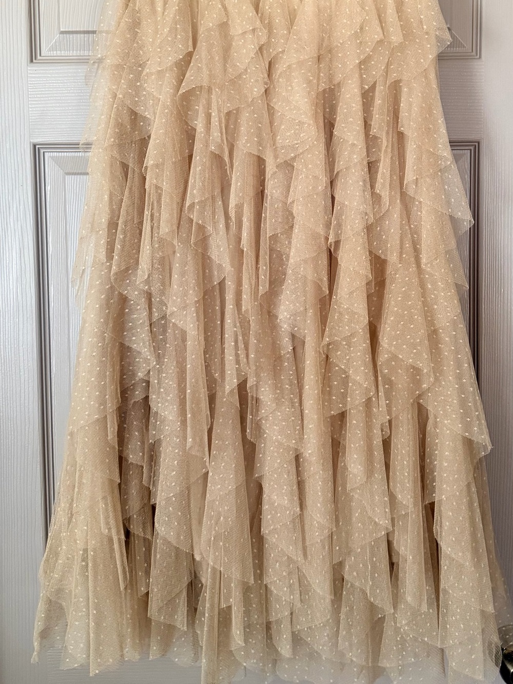 Anthropologie Beige Tiered Polka Dot Tulle Maxi Skirt